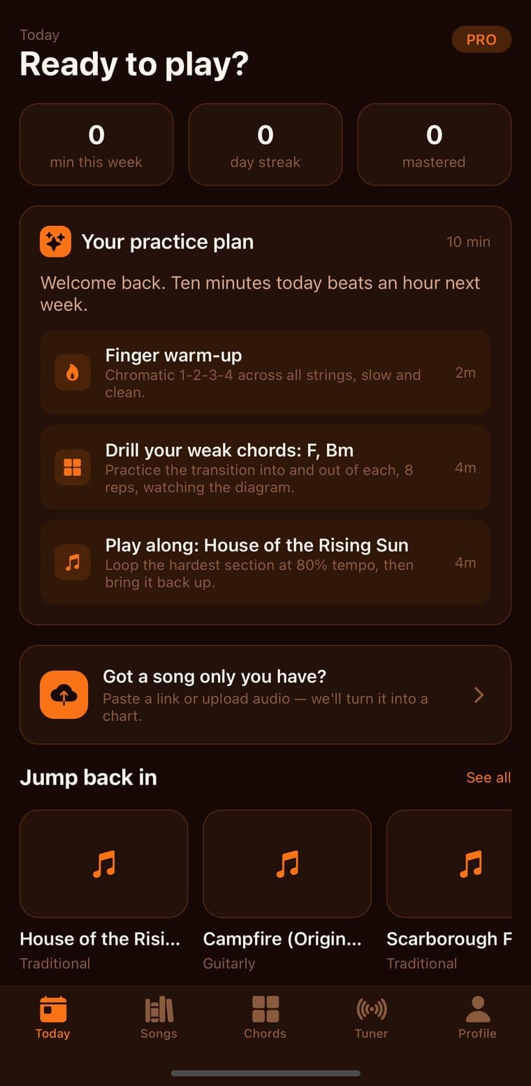 Guitarly Today screen with a 10 minute practice plan: warm-up, chord drill and play-along