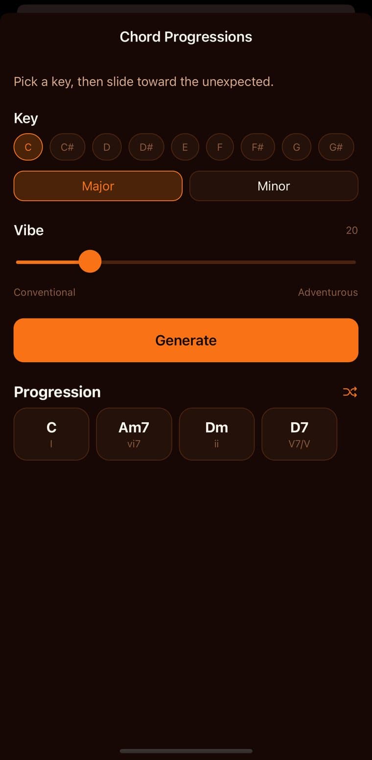 Guitarly chord progression generator with key, vibe slider and generated C, Am7, Dm, D7 progression