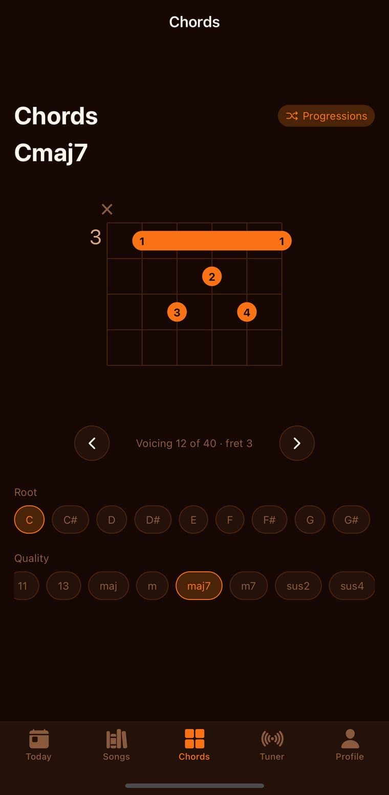 Guitarly chord diagram with root and quality selectors